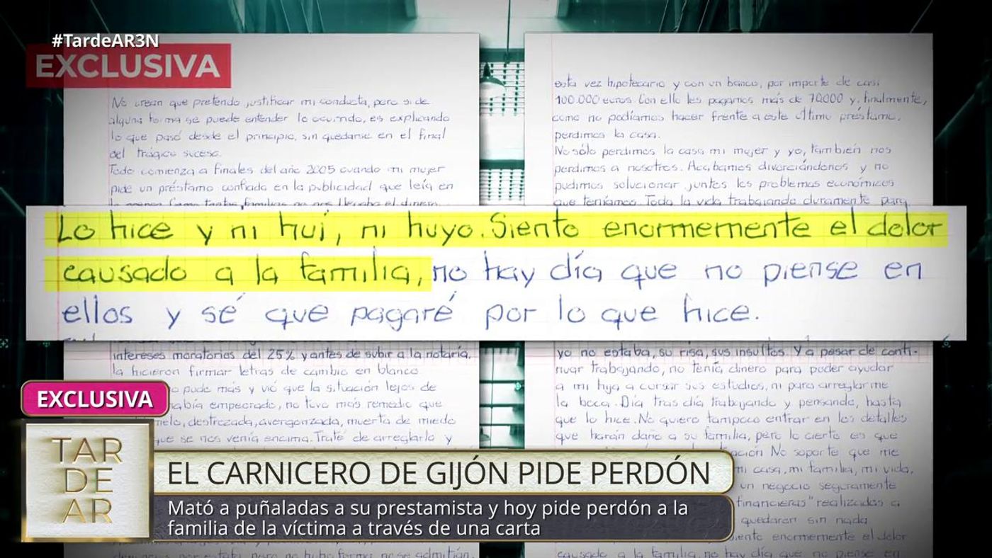 Exclusiva | El carnicero de Gijón que mató a su prestamista pide perdón a la familia por una carta que envía a ‘TardeAR’: “Lo hice y no huyo, pero siento el dolor causado”
