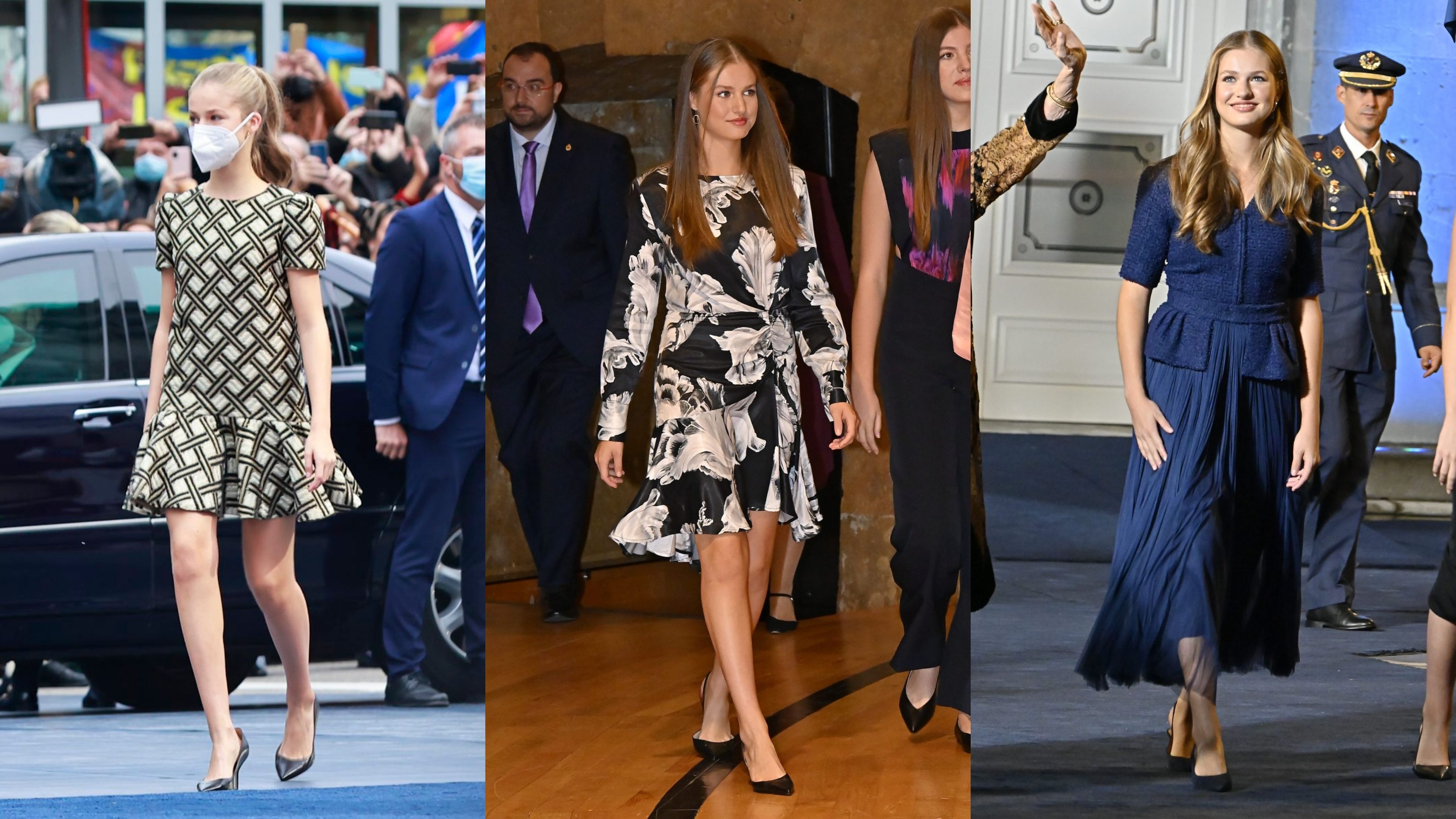 La princesa Leonor, de izquierda a derecha, con sus tres últimos looks para los Premios Princesa de Asturias