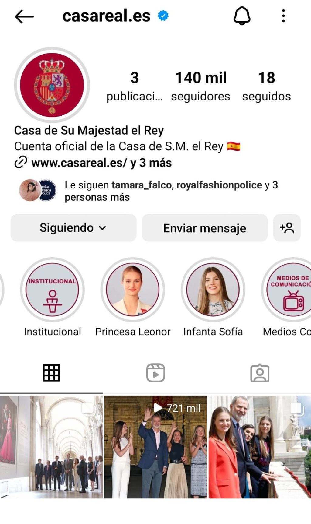 Perfil de Instagram de la Casa Real