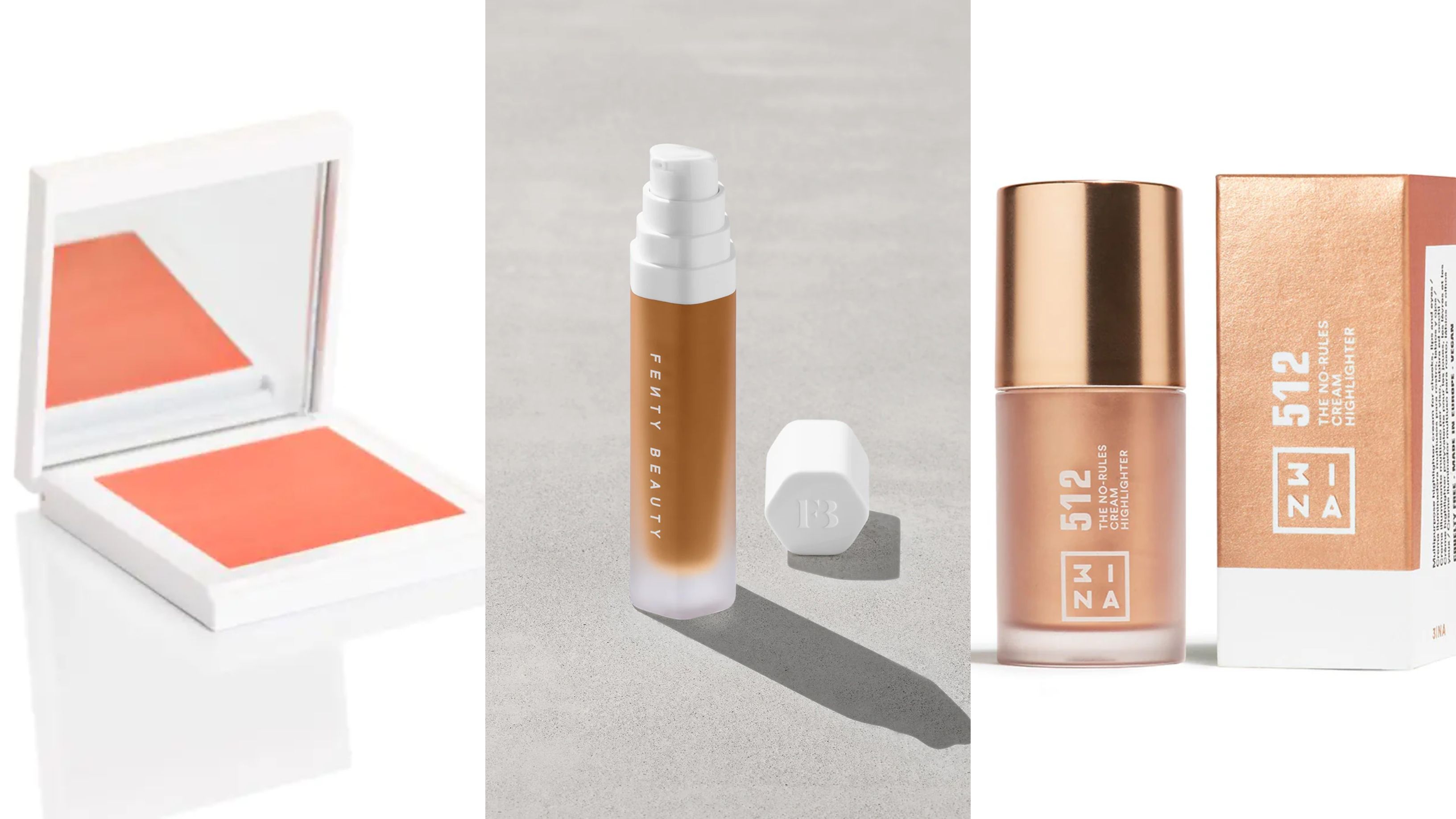 Colorete Oh my blush/Fondo de maquillaje Soft'Lit Naturally Luminous Longwear Foundation, de Fenty Beauty/  The No-Rules Cream Highlighter 512, de 3ina