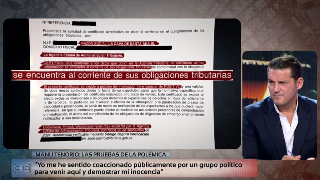 Manu Tenorio trae a 'Código 10' un certificado de la Agencia Tributaria para demostrar que no tiene deudas con Hacienda