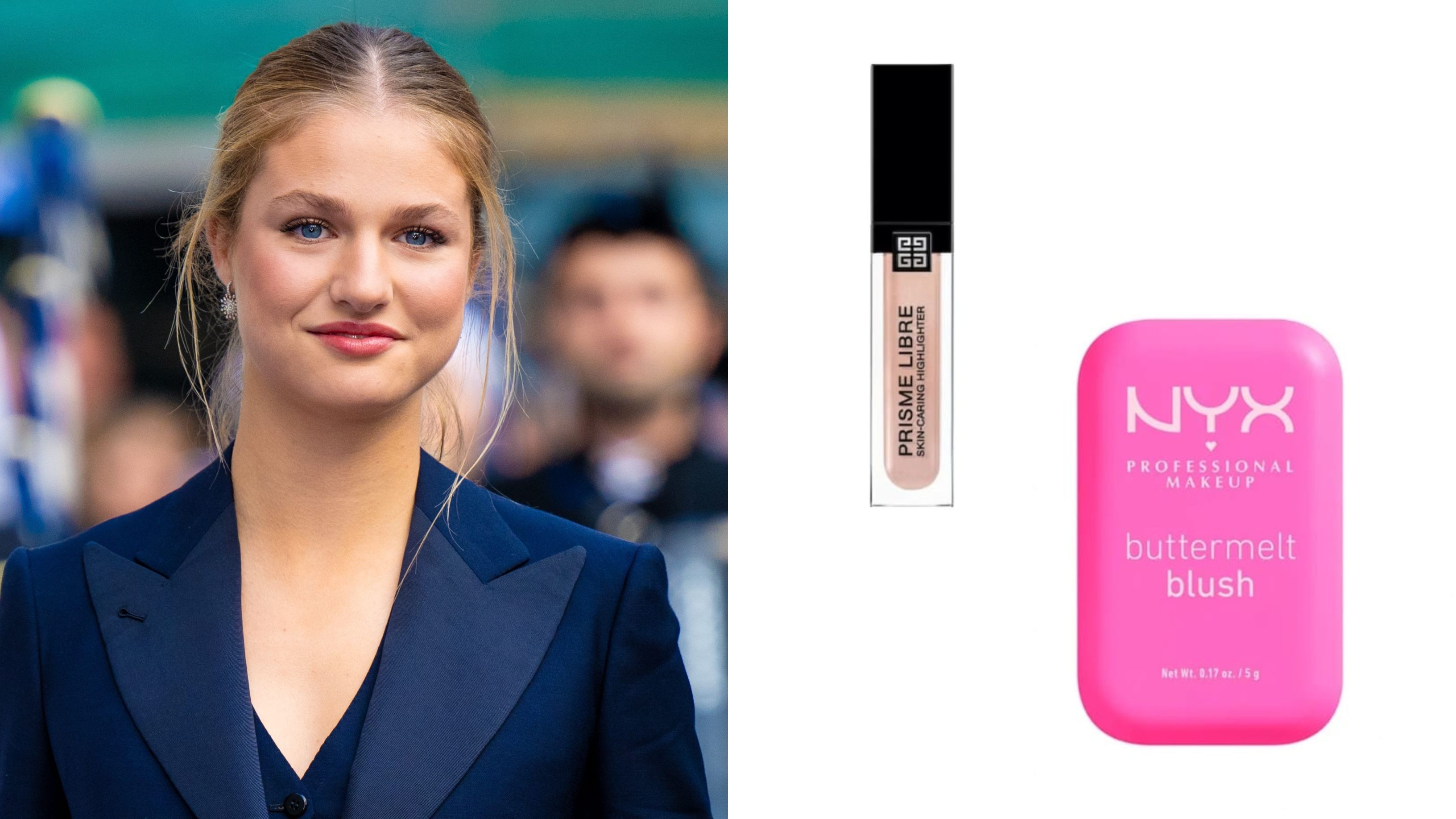Leonor y productos de maquillaje: colorete Buttermelt blush 'My butta half' de Nyx (8,95 €) e iluminador Limited Holiday Collection, de Givenchy (43,95 €)