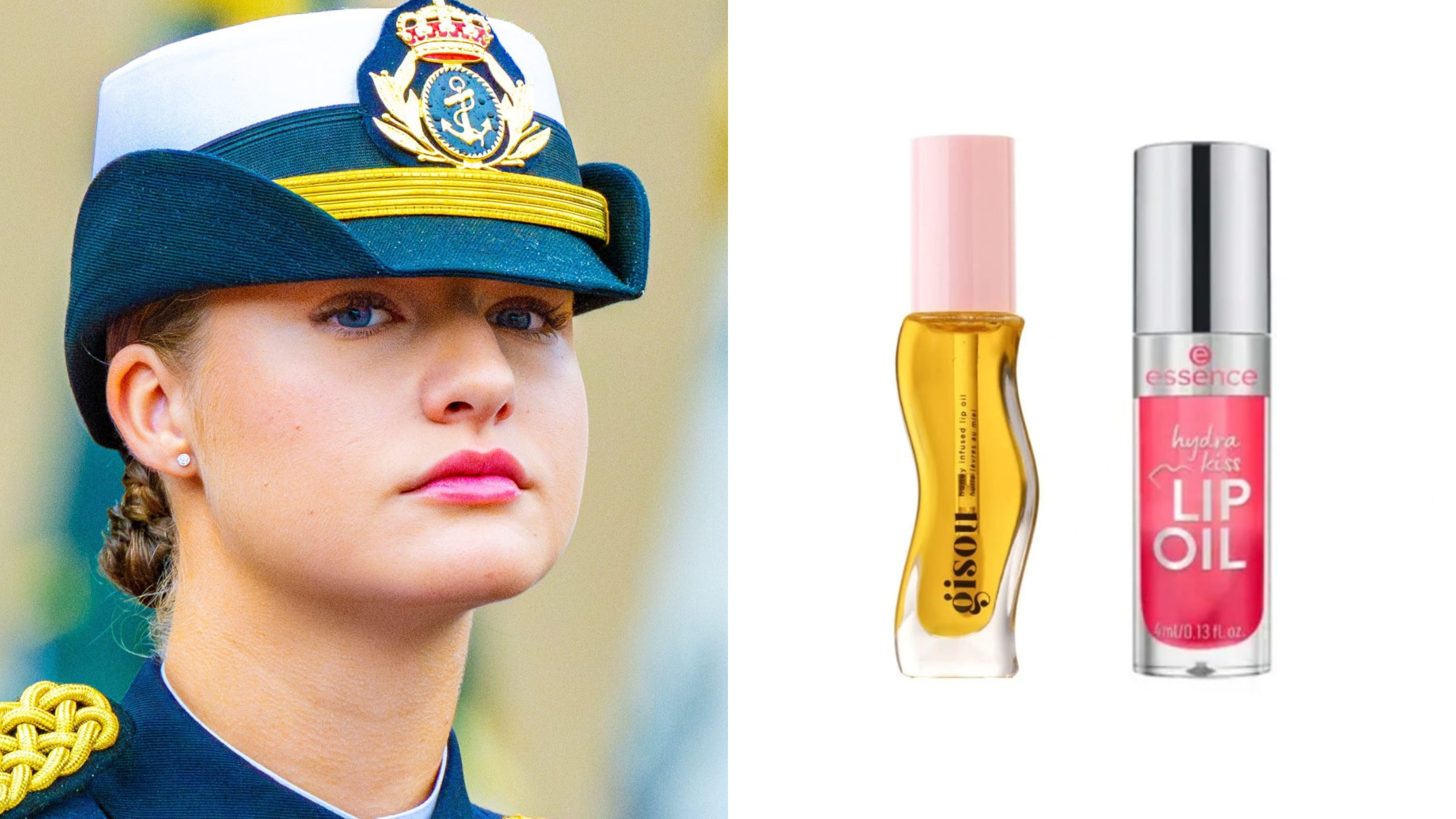 Maquillaje de labios de Leonor y productos: aceite infusionado con miel de Gisou, (29,99 euros) y aceite de acabado rosa, de Essence (2,46 euros)