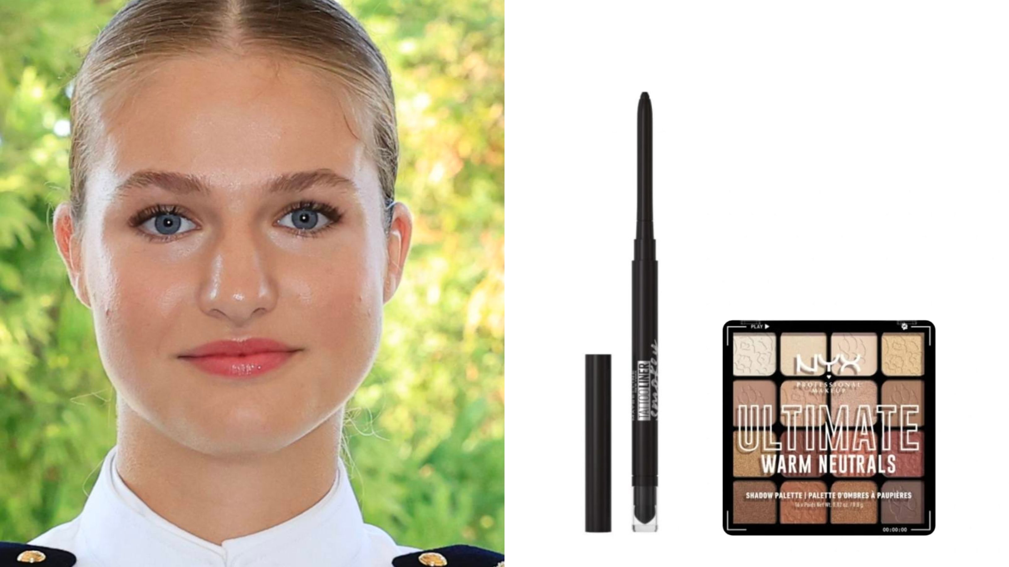 Maquillaje de ojos de Leonor y productos: Lápiz tattoo liner smokey, de Maybelline (5,75 euros) y paleta de sombras Ultimate Warm Neutrals, de Nyx (16,98 €)