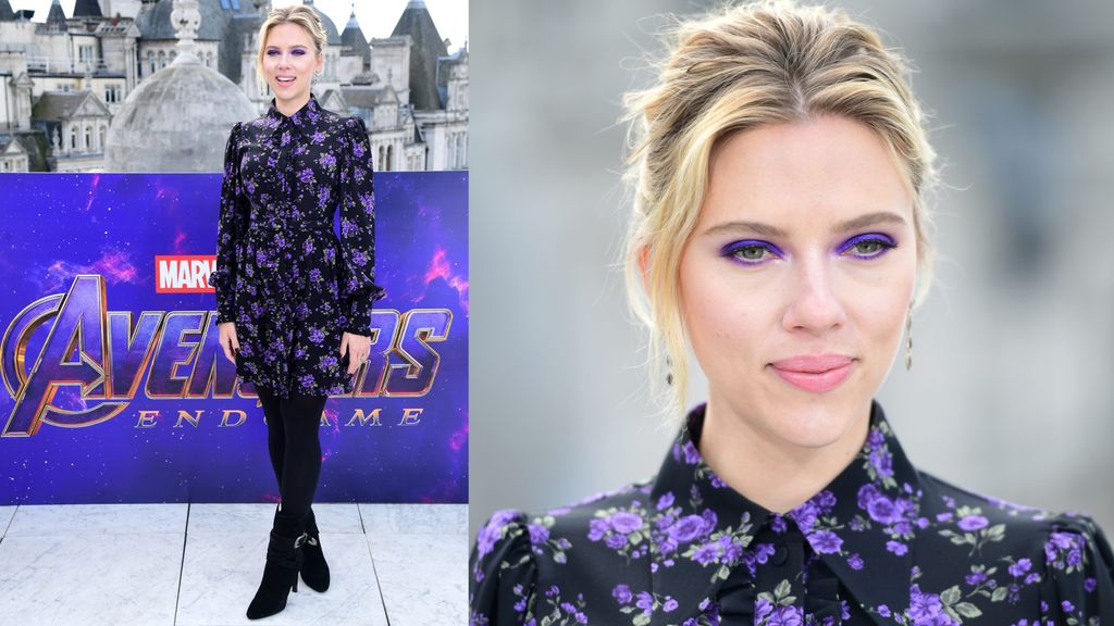 Scarlett Johansson con maquillaje lila, en un montaje fotográfico