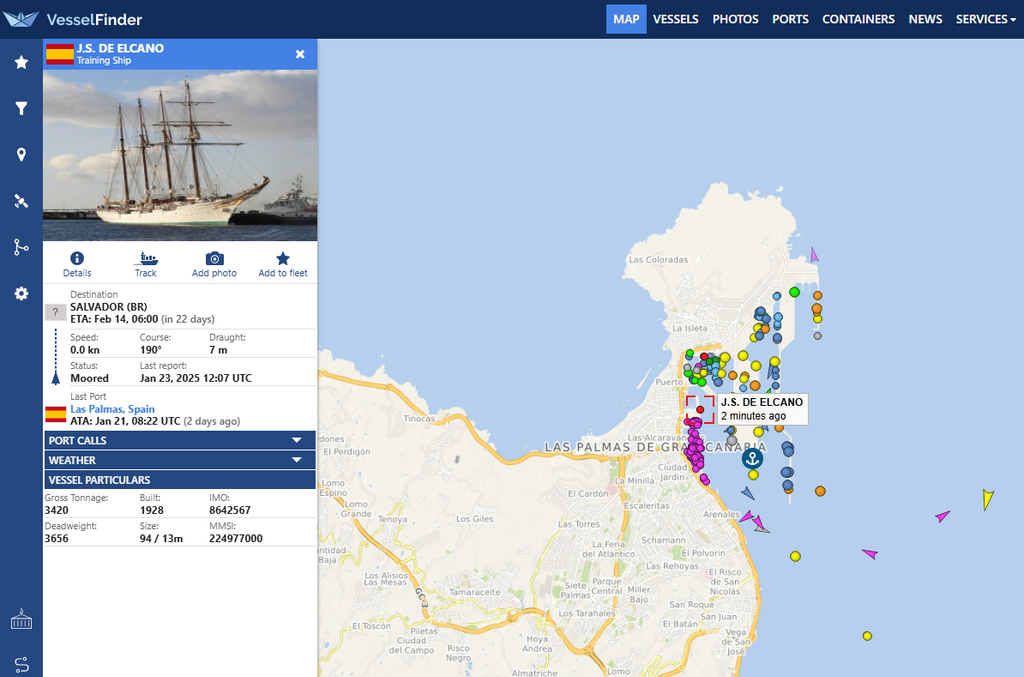 La ubicación del Elcano en VesselFinder