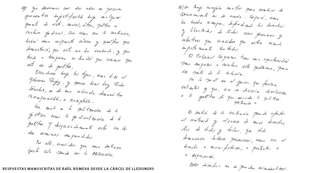 Respuestas manuscritas de Raül Romeva desde la cárcel de Lledoners