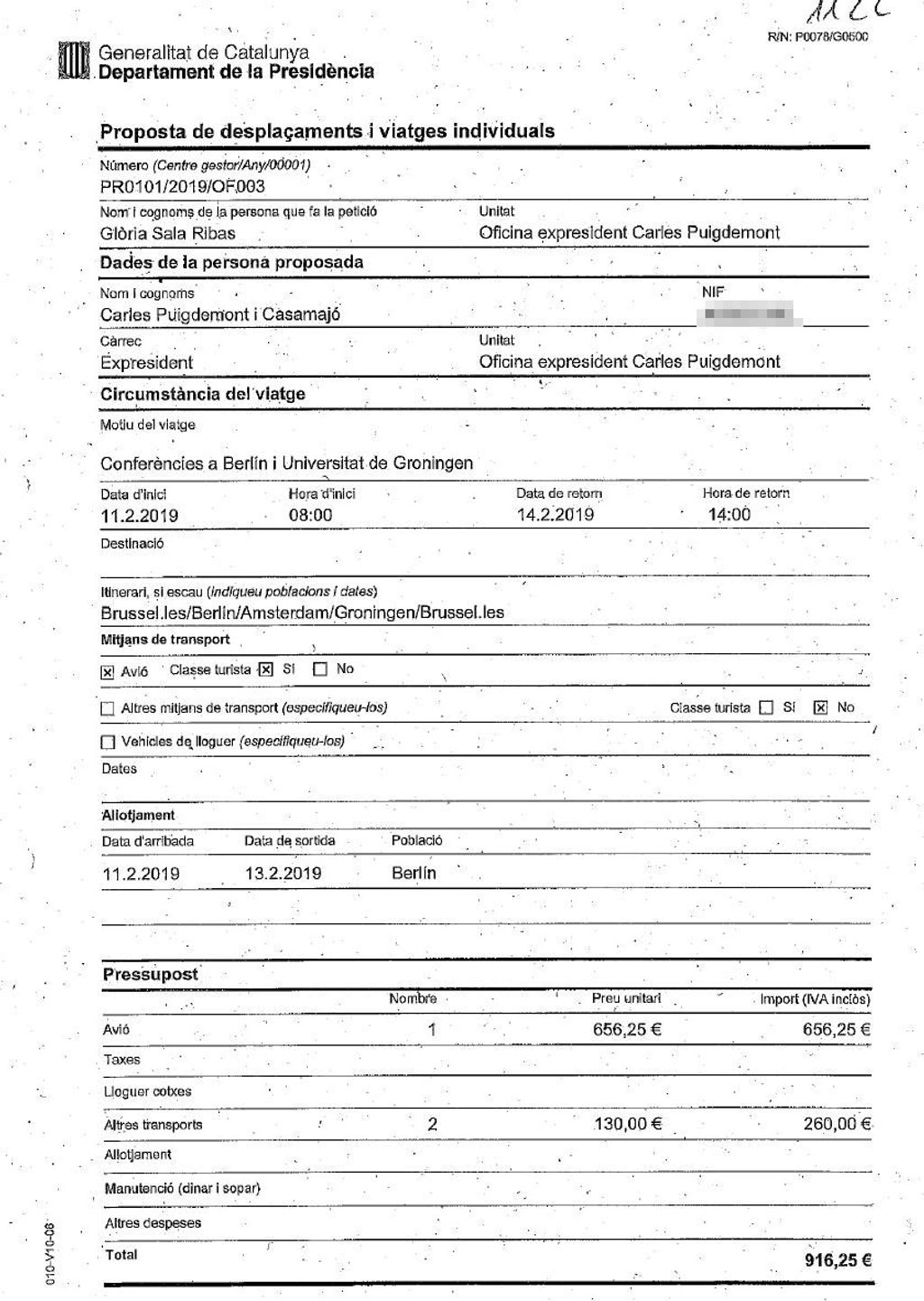 Documento gastos Puigdemont Alemania