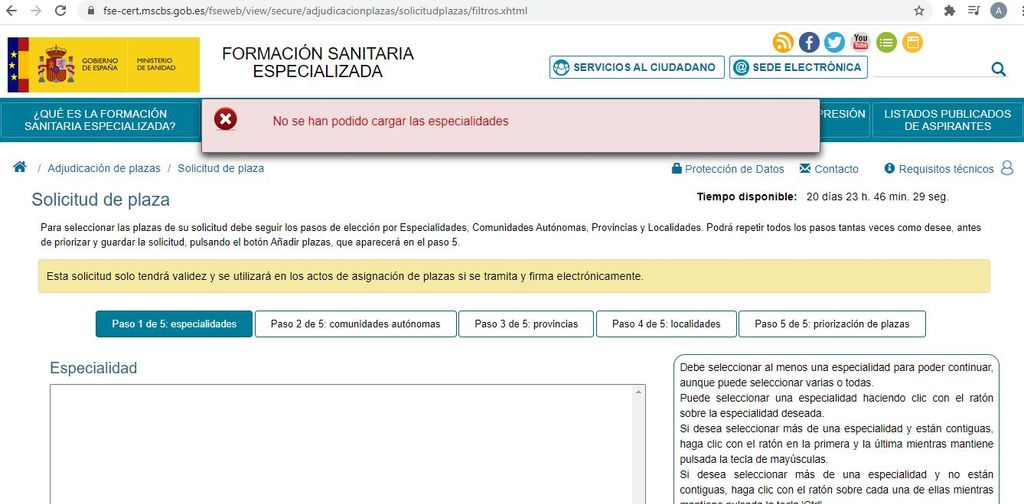No se han podido cargar las especialidades