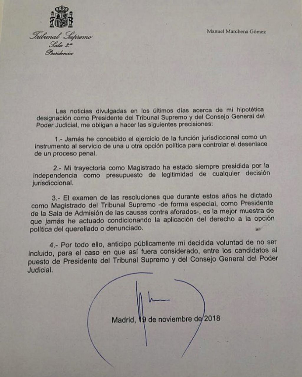 DOCUMENTO DE RENUNCIA DEL JUEZ MARCHENA