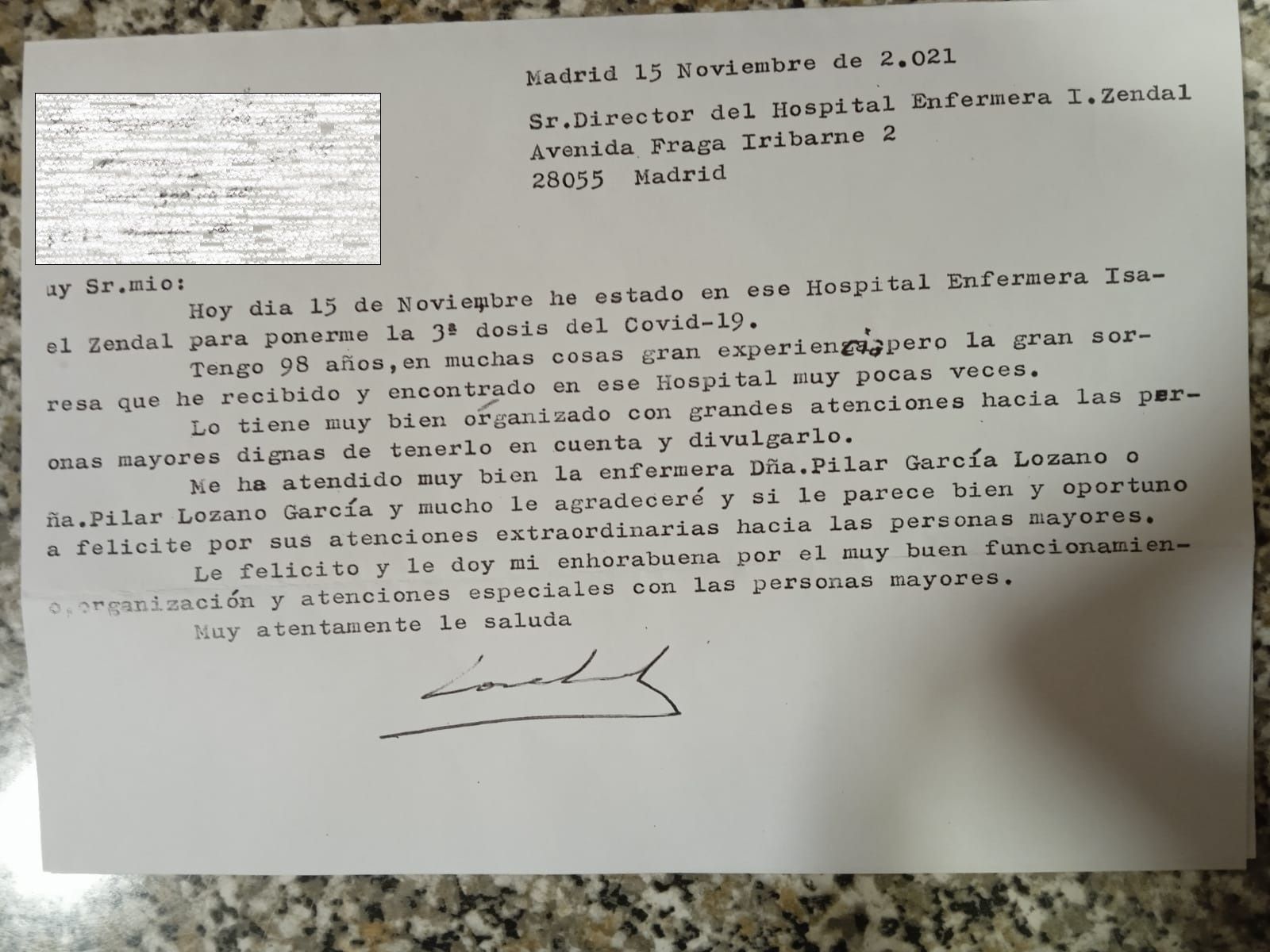 LA CARTA QUE JOSé, DE 98 AñOS, MANDó A LA CELADORA PILAR.
