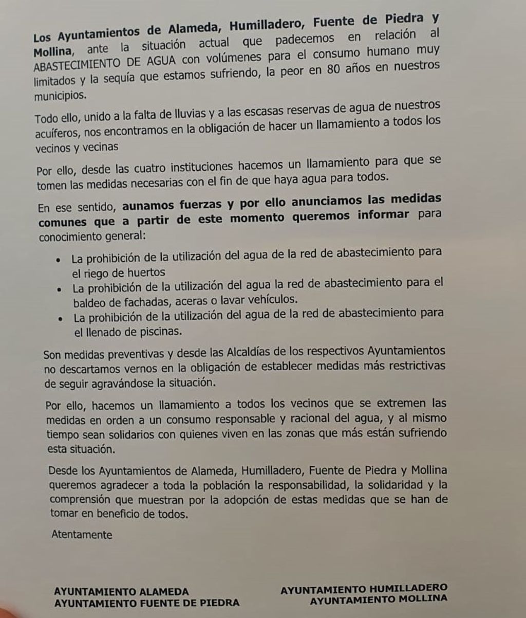 PROHIBIDO REGAR LOS HUERTOS, FREGAR FACHADAS O LLENAR PISCINAS CON AGUA POTABLE EN CUATRO PUEBLOS DE MáLAGA