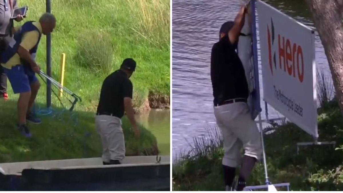 Un golfista envía la bola a una pequeña isla y tiene que coger un bote para poder realizar el siguiente golpe Un golfista envía la bola a una pequeña isla y tiene que coger un bote para poder realizar el siguiente golpe