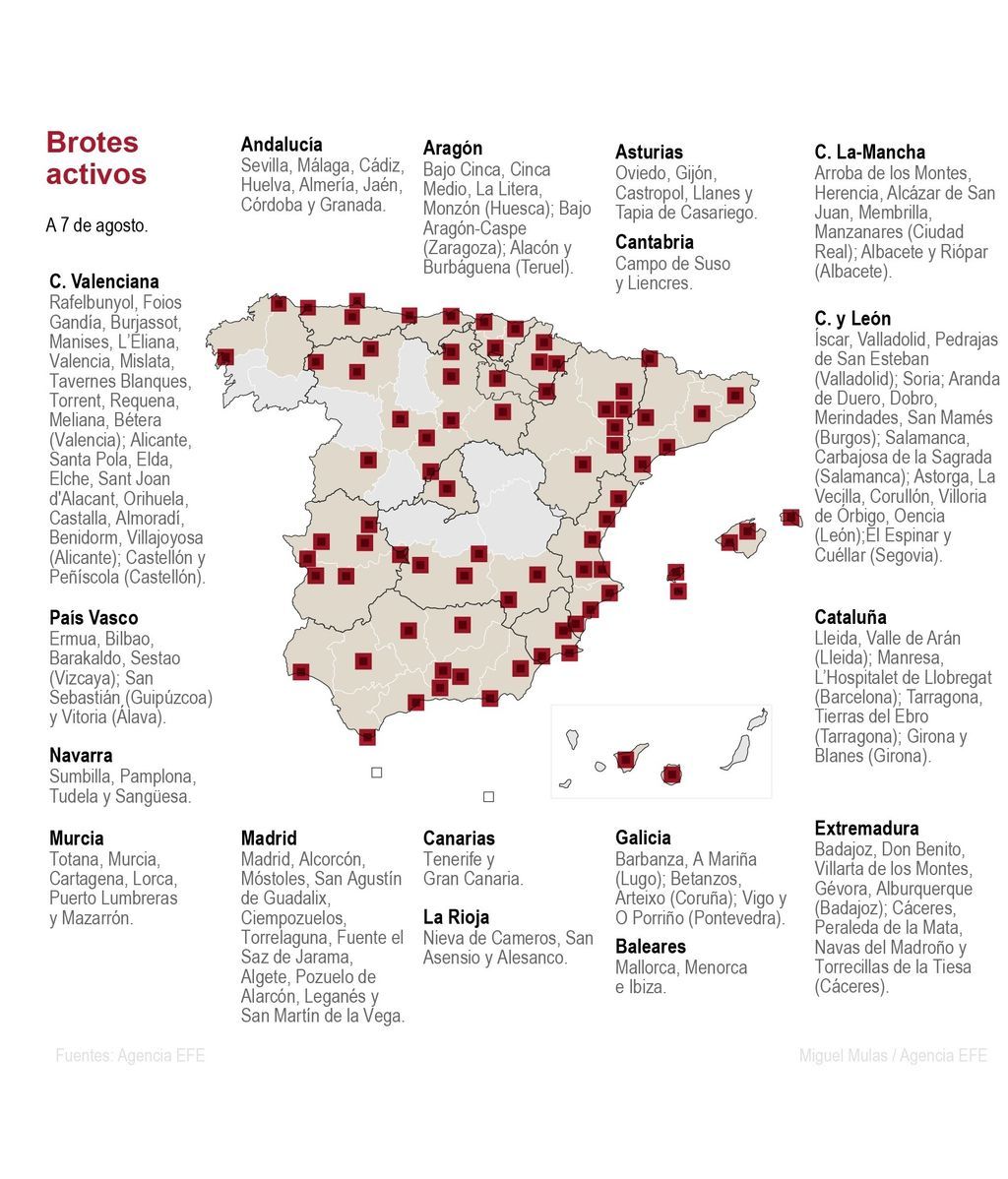 El mapa de España con los rebrotes