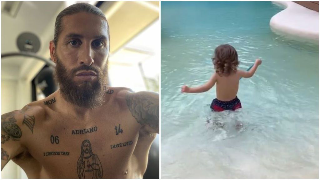 Sergio Ramos, en Instagram, y su hijo entrando a la piscina.