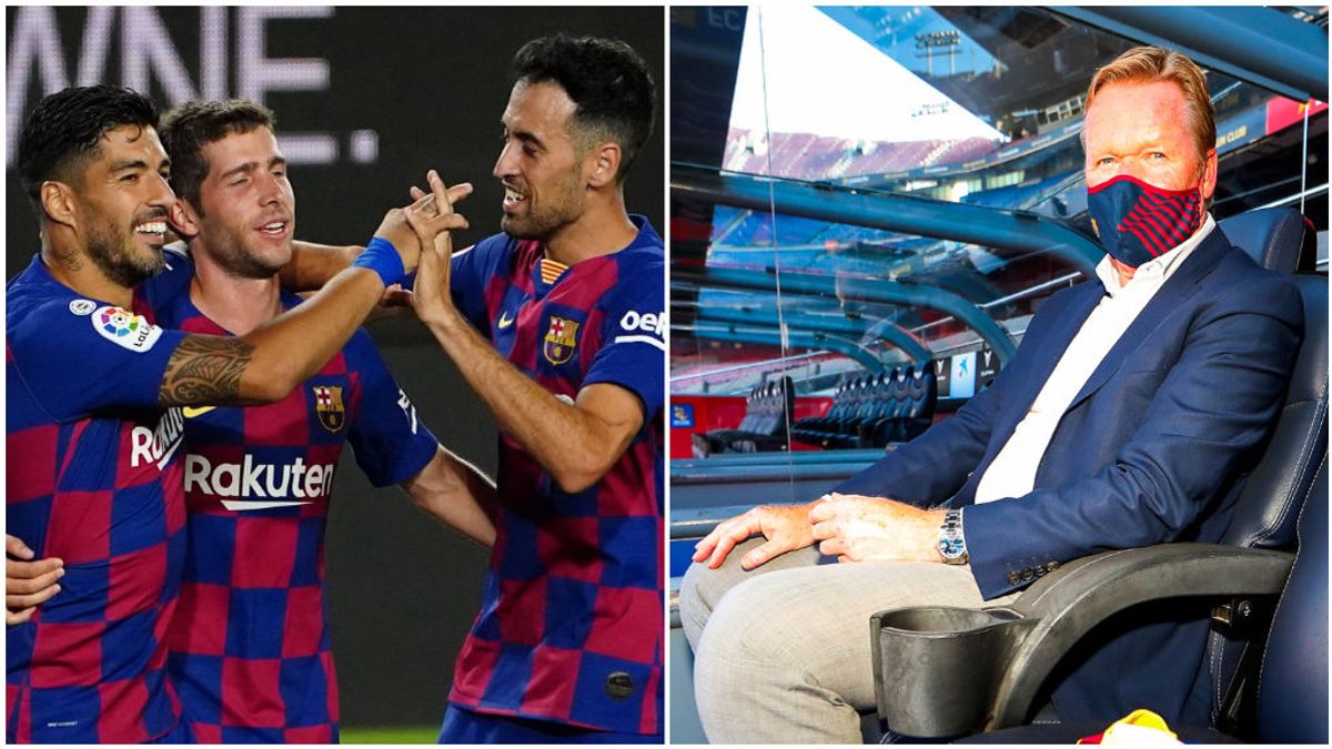 Suárez, Sergi Roberto y Busquets, en un partido, y Ronald Koeman. Suárez, Sergi Roberto y Busquets, en un partido, y Ronald Koeman.
