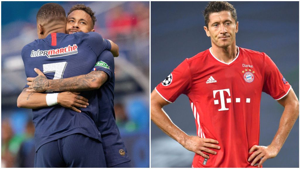Neymar abraza a Mbappé, y Lewandowski, en las semifinales de la Champions.