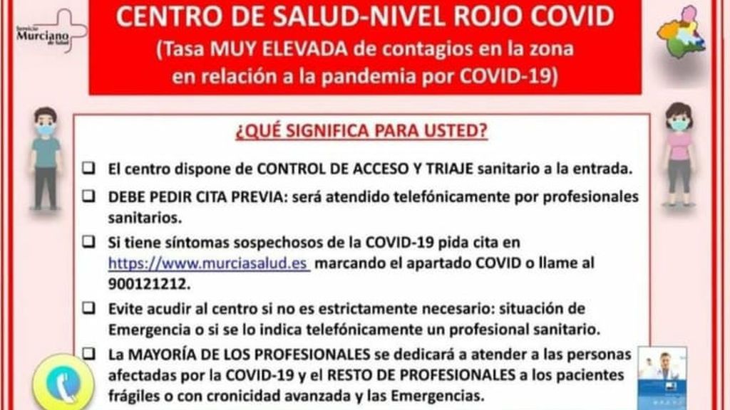 Recomendaciones a seguir en los centros de salud en alerta roja de la Región de Murcia.