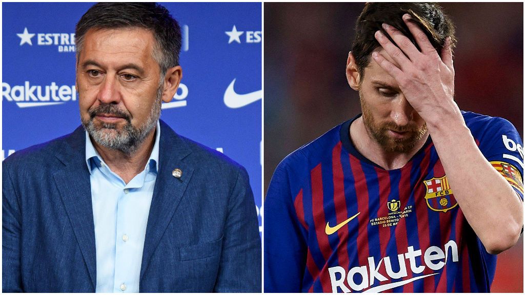 Bartomeu, en un acto del Barça. y Messi, en un partido.