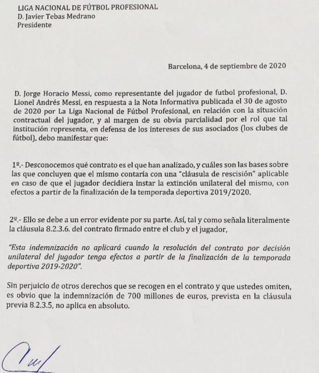 Comunicado de Leo Messi a la Liga.