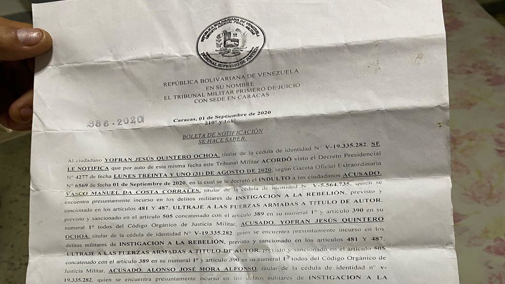 Carta de liberación de Yorfran Quintero, español indultado por Nicolás Maduro en el marco de los acuerdos con la oposición para las elecciones legislativas 1