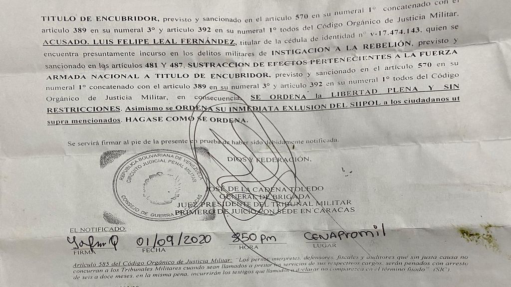 Carta de liberación de Yorfran Quintero, español indultado por Nicolás Maduro en el marco de los acuerdos con la oposición para las elecciones legislativas 2