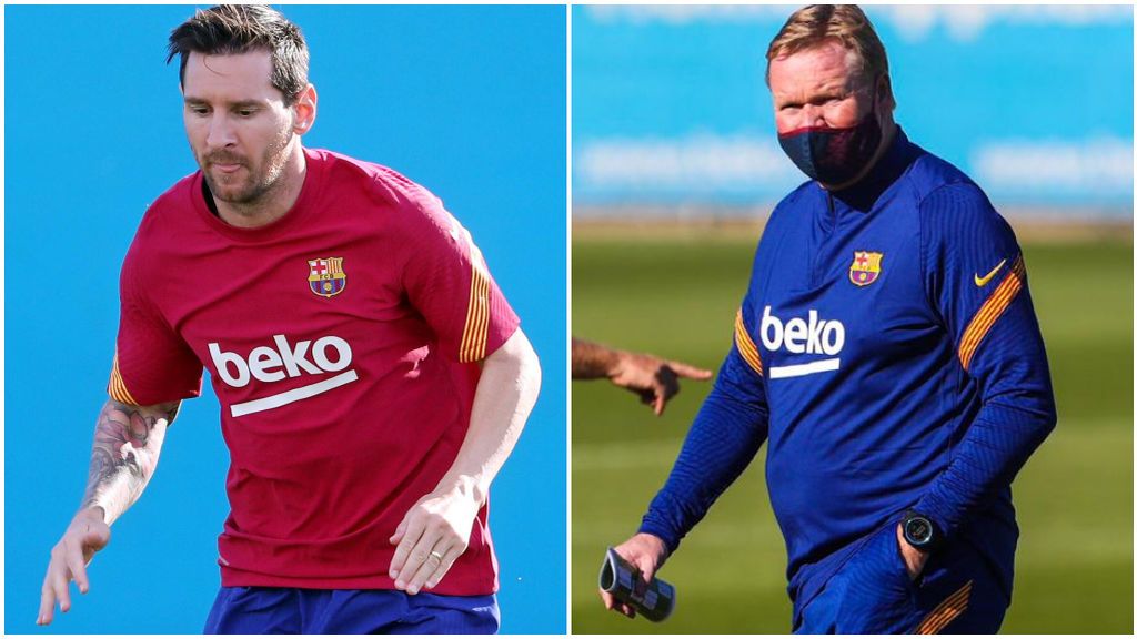 Leo Messi, entrenando con el Barça, y Ronald Koeman.