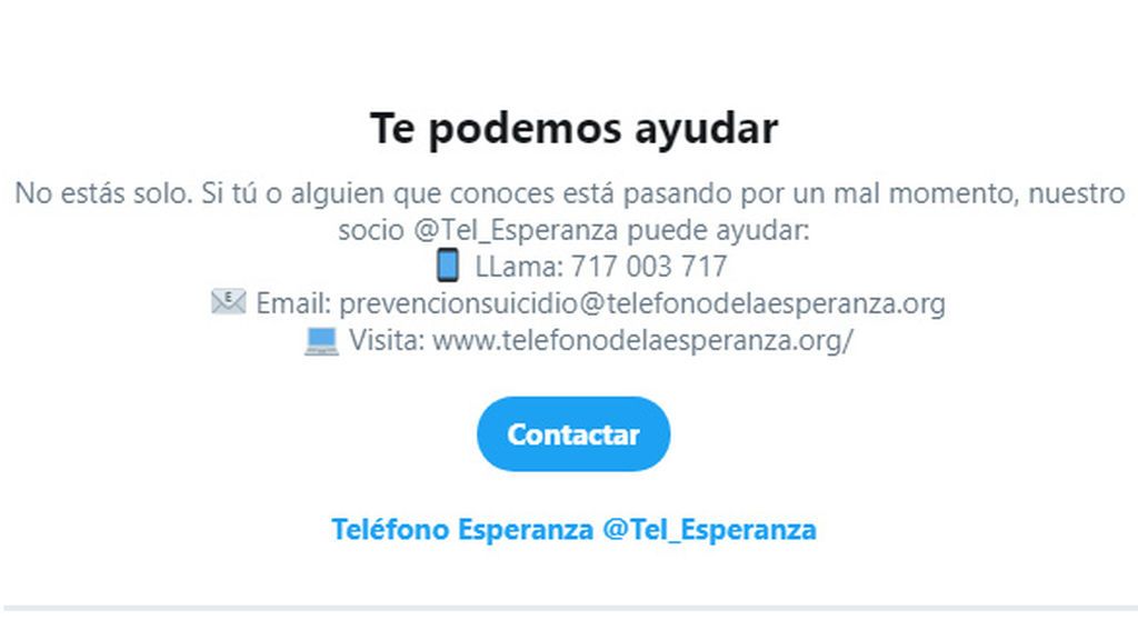 Advertencia de Twitter si buscas un vídeo de suicidio