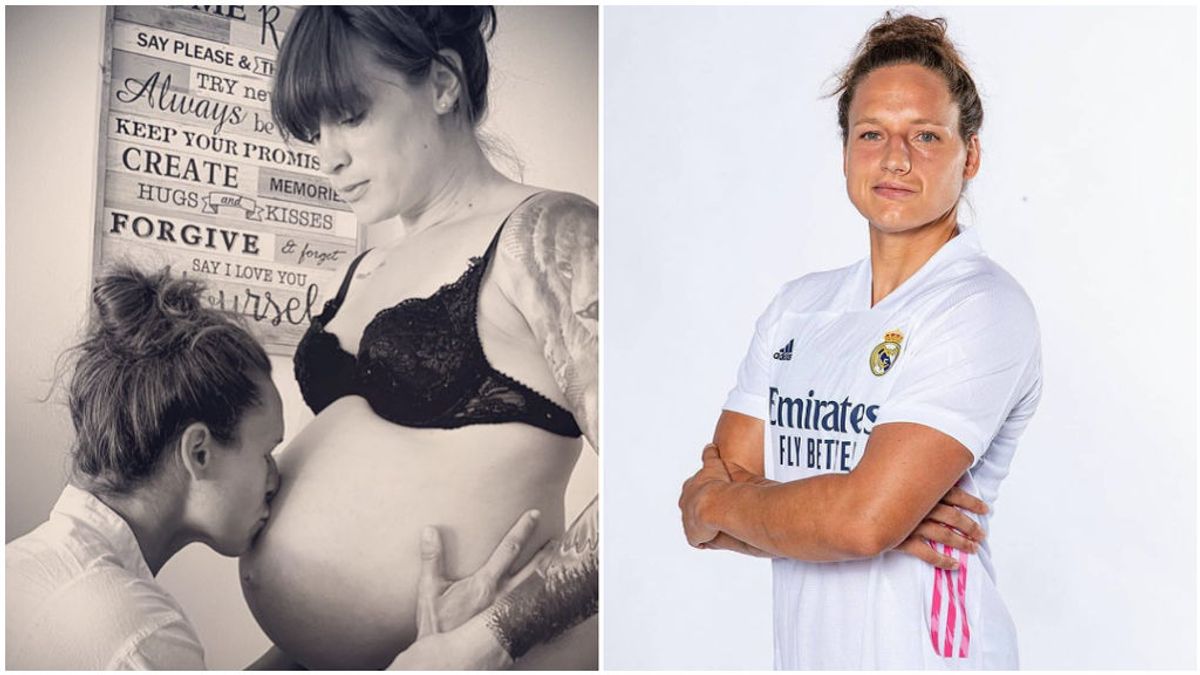 Babett Peter, junto a su pareja y con la camiseta del Real Madrid.