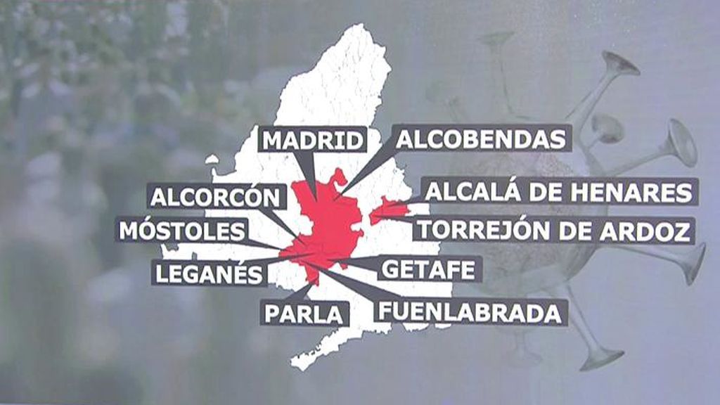 Mapa de los municipios madrileños que se van a confinar.