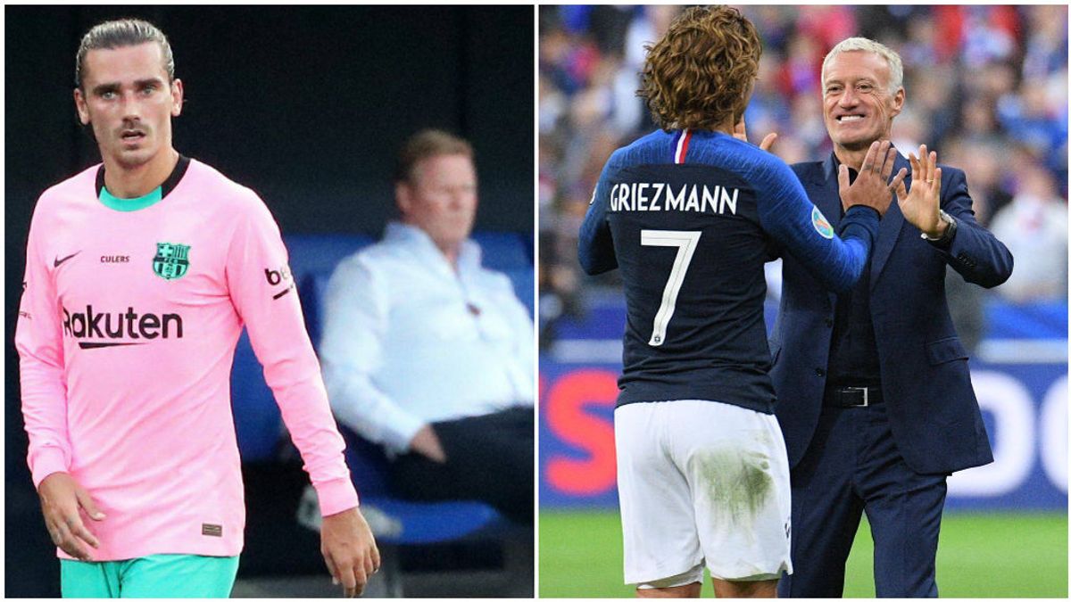 Griezmann, en un partido con el Barcelona, y saludando Deschamps en uno con Francia.