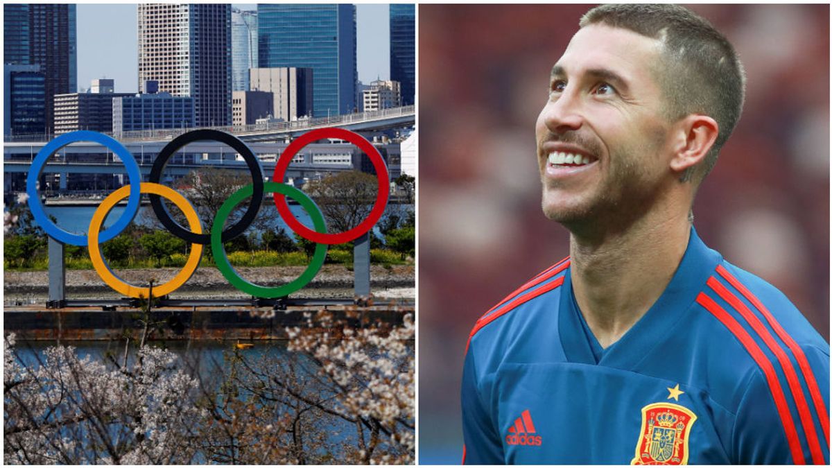 Los anillos olímpicos en Tokio y Sergio Ramos, con la Selección.