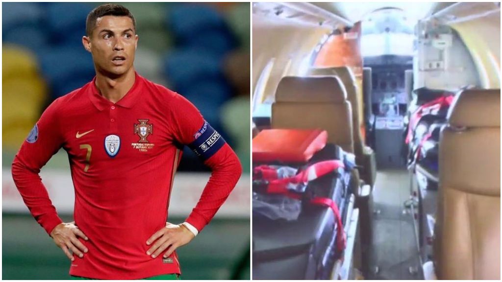 Cristiano Ronaldo, en un partido con Portugal, y el interior del avión medicalizado.