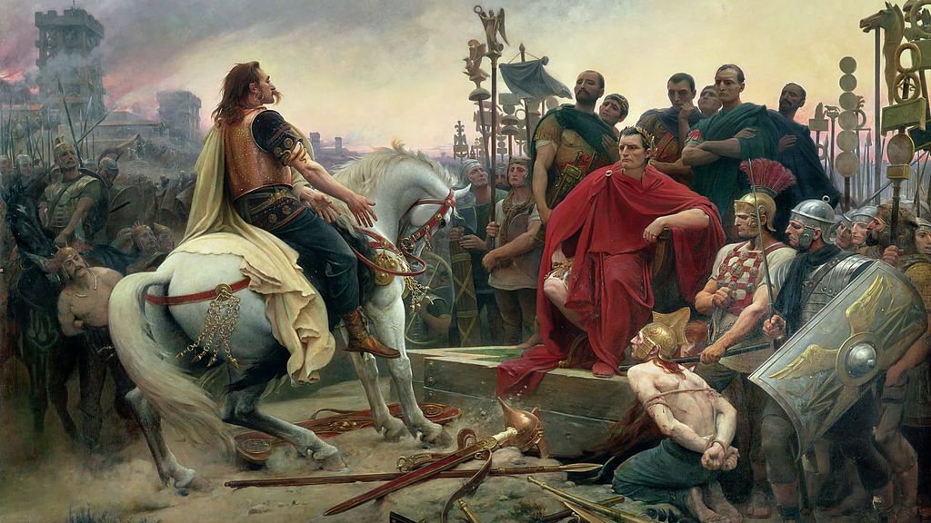 Vercingétorix depone sus armas a los pies de César. Cuadro de Lionel Royer, 1899