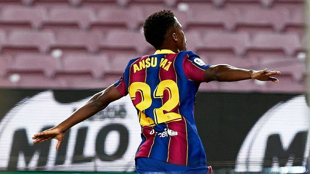 Ansu Fati, tras marcar un gol en el Camp Nou.