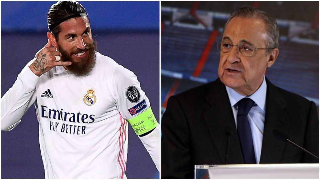 Sergio Ramos, tras marcar al Inter en Champions, y Florentino Pérez.