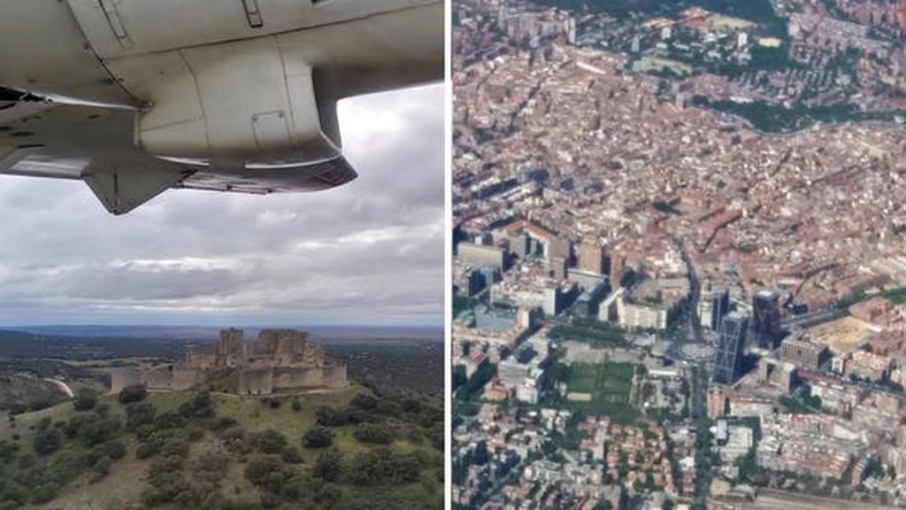 Imágenes tomadas desde el avión de muestreo: vuelo sobre Puebla de Almenara (Cuenca) y sobre el centro de Madrid.