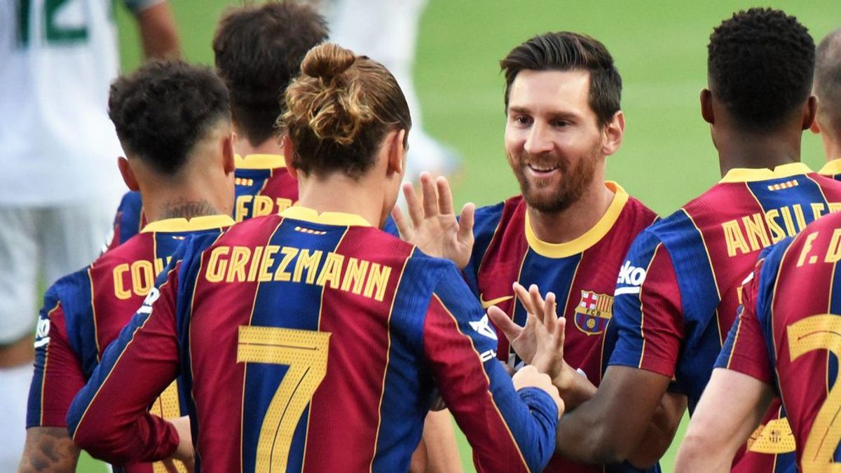Los jugadores del Barcelona celebran un gol en el Camp Nou. Los jugadores del Barcelona celebran un gol en el Camp Nou.