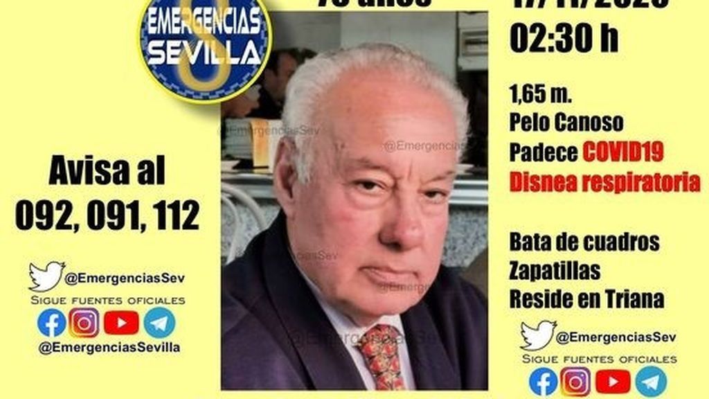 Buscan a un enfermo de covid de 76 años desaparecido en la zona del Hospital Virgen del Rocío Buscan a un enfermo de covid de 76 años desaparecido en la zona del Hospital Virgen del Rocío