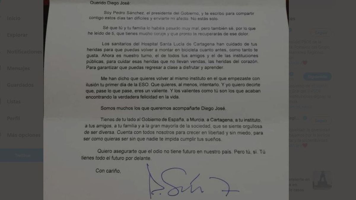 Pedro Sánchez le envía una carta de solidaridad a un joven agredido por ser gay:   "No estás solo"