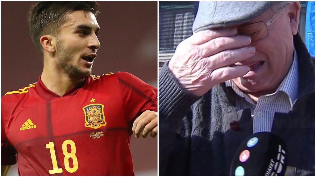 Ferran Torres durante el partido y su abuelo en la entrevista en Deportes Cuatro.