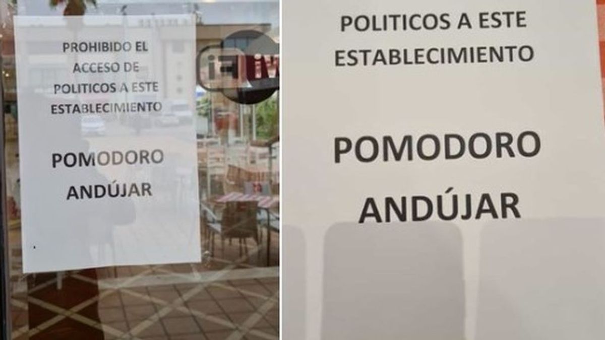 Un pizzería de Jaén prohíbe el acceso a los políticos como protesta por las restricciones: "Ha venido la Policía a quitarnos los carteles" Un pizzería de Jaén prohíbe el acceso a los políticos como protesta por las restricciones: "Ha venido la Policía a quitarnos los carteles"