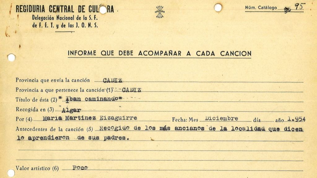 Ficha del villancico recogido en Algar, Cádiz, en diciembre de 1954