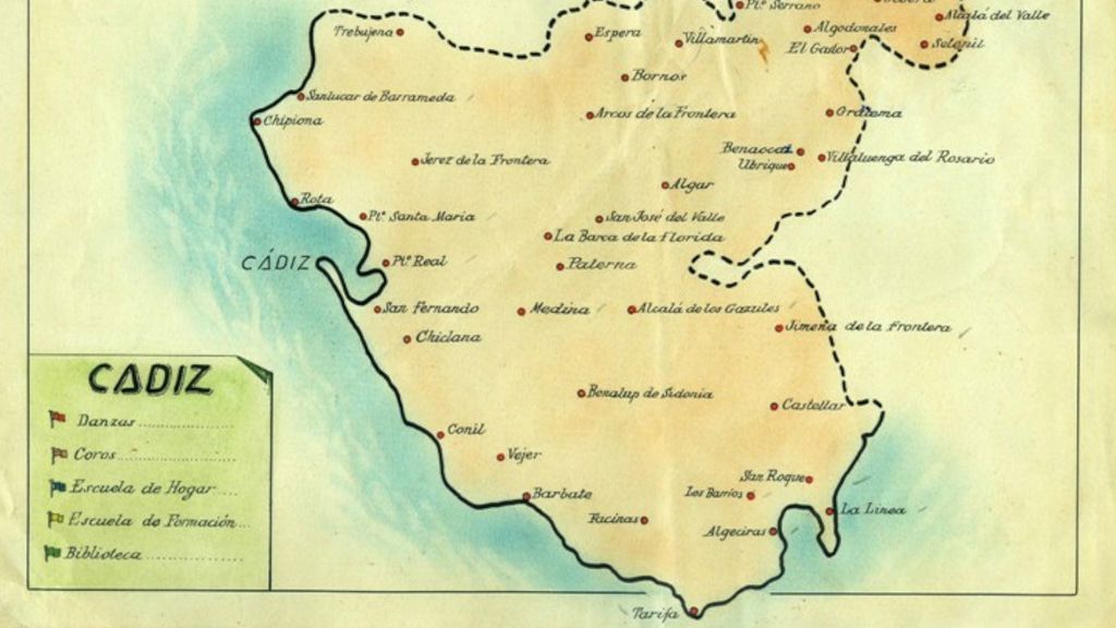 Un mapa de la provincia de Cádiz con las poblaciones en las que se recogió folclore local