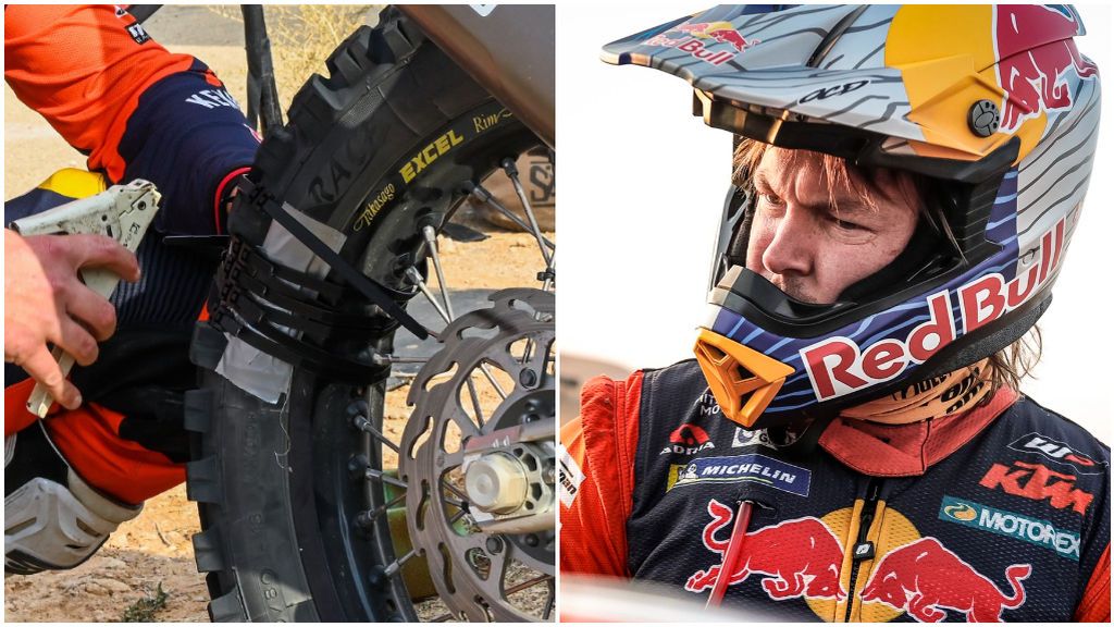 Toby Price arregla el pinchazo con bridas y cinta adhesiva. Toby Price arregla el pinchazo con bridas y cinta adhesiva.