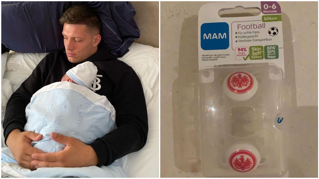 Jovic, con su hijo y los chupetes que le tiene preparados en Frankfurt.