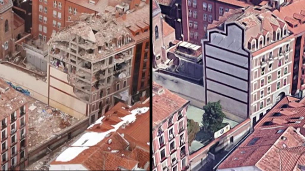 Antes y depués de la explosión del edificio de la calle Toledo, en Madrid