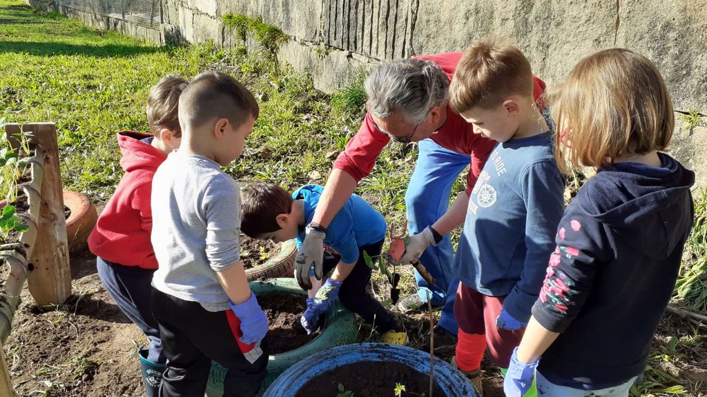 Los niños de la escuela, aprendiendo en el huerto