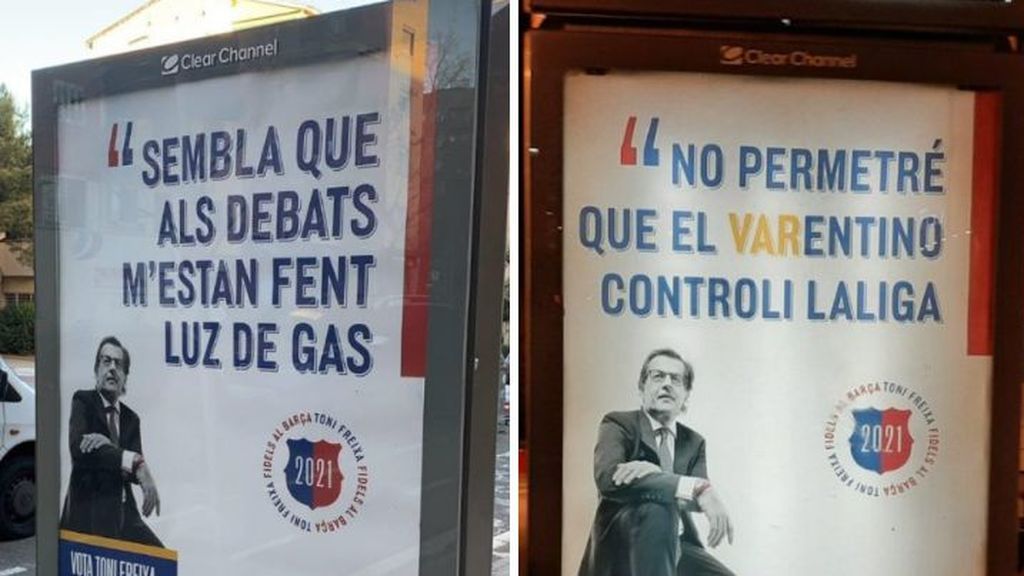 Los carteles de Freixa en Barcelona contra Florentino y Laporta.