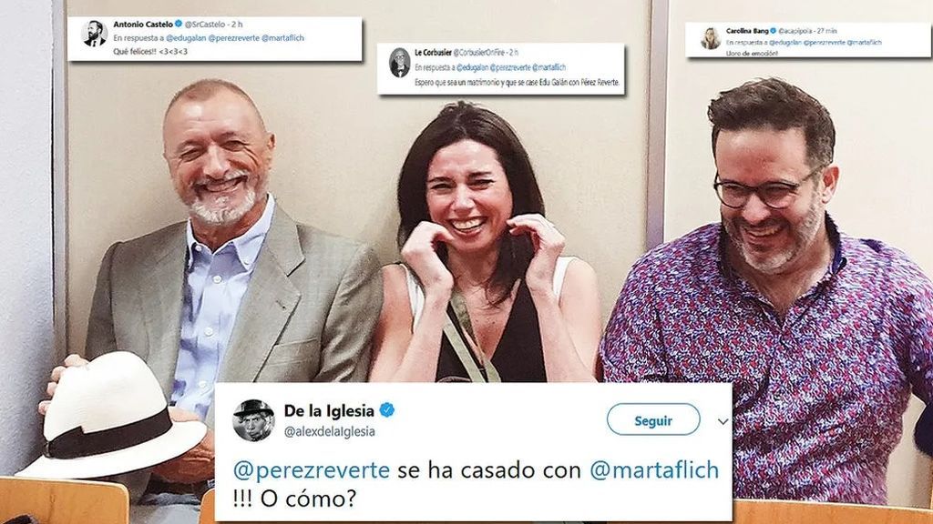 Arturo Pérez-Reverte, Marta Flich y Edu Galán, en el Registro Civil